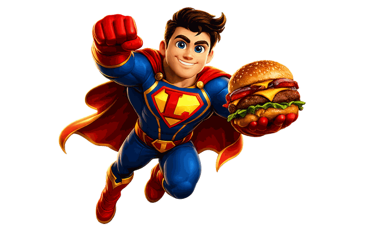 Super Lazin — mascote herói com hambúrguer